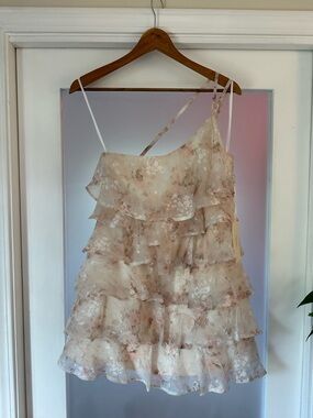 Arose Cream Floral Ruffle Mini Dress with Pink Accents